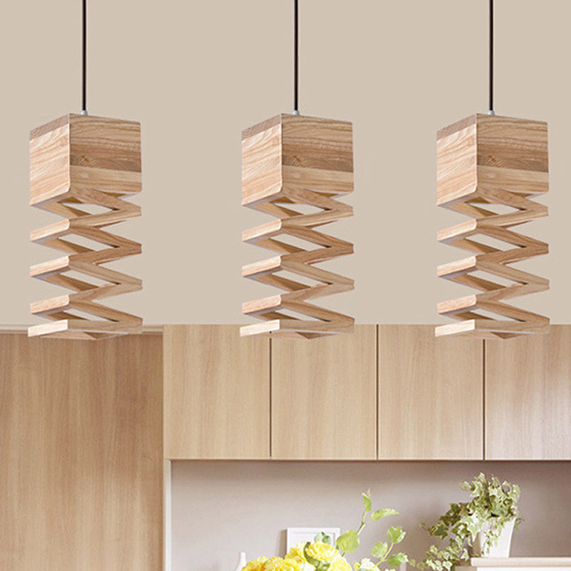 Modern Wood Pendant Light In Beige For Living Room Ceiling - Head Frame Fixture