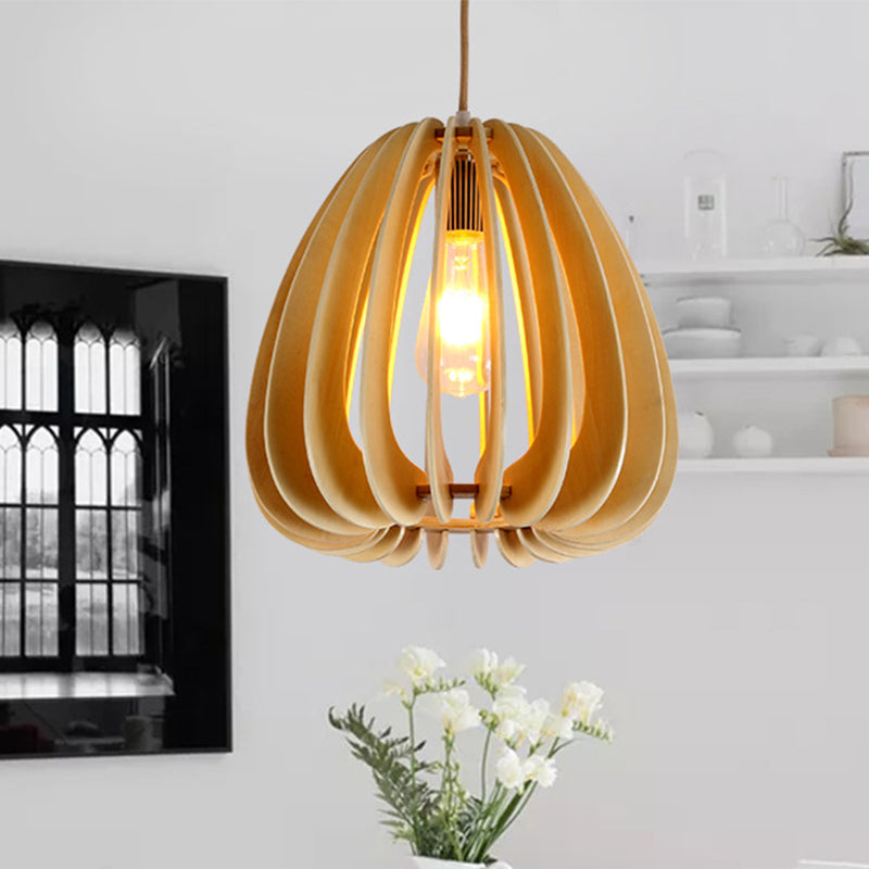 Chinese Wood Jar Hanging Pendant Light - 1 Head Beige Fixture For Living Room