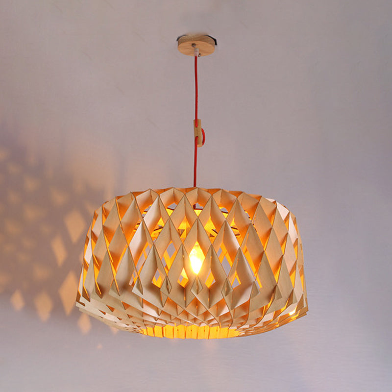 Laser Cut Japanese Wood Hanging Light - 1 Head Beige Ceiling Lamp 14/23 Wide