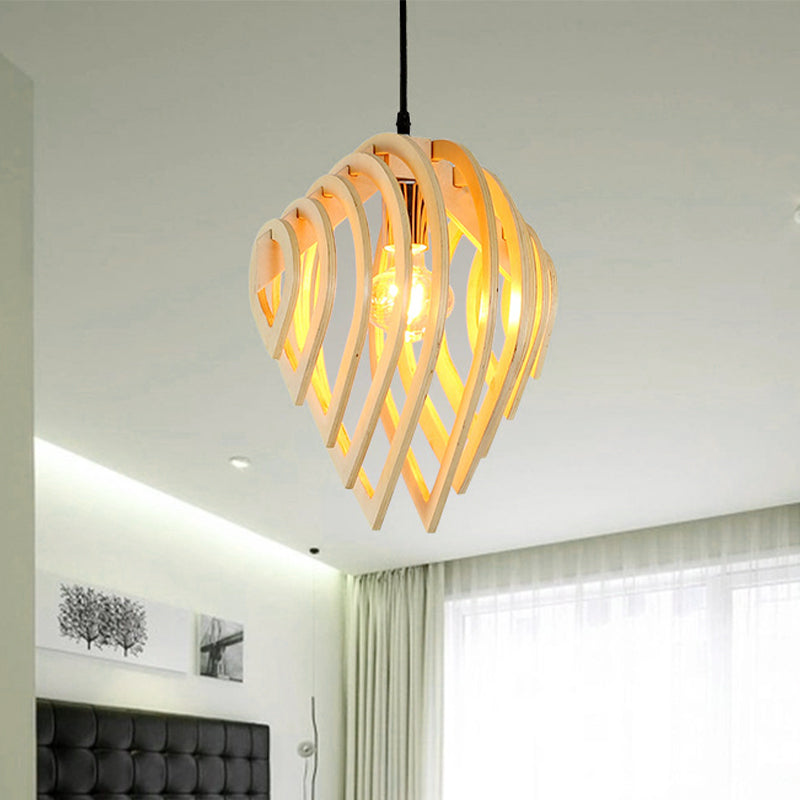 Beige Asian Pendant Light With Laser Cut Wood Shade - Bedroom Ceiling Lighting 1 Bulb Fixture