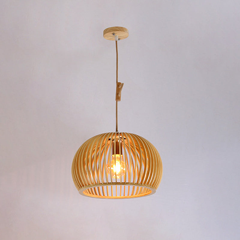 Japanese Wood Domed Pendant Lamp - Beige Ceiling Light For Living Room 13/18 Wide