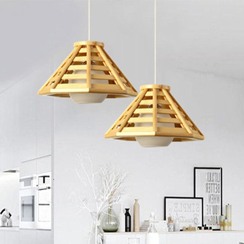 Beige Wood Pendant Light - South-East Asia Inspired Tapered Design 1-Bulb Ceiling Suspension Lamp