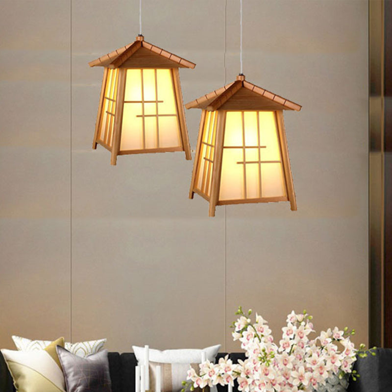 Bamboo House Chinese Hanging Lamp: Wooden 1-Head Ceiling Pendant Light For Tearoom Wood