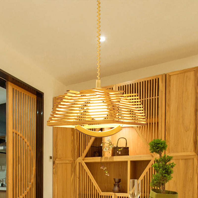 Japanese Wood Pendant Light - Laser Cut Design Beige 1 Head Ceiling Hanging With Spring