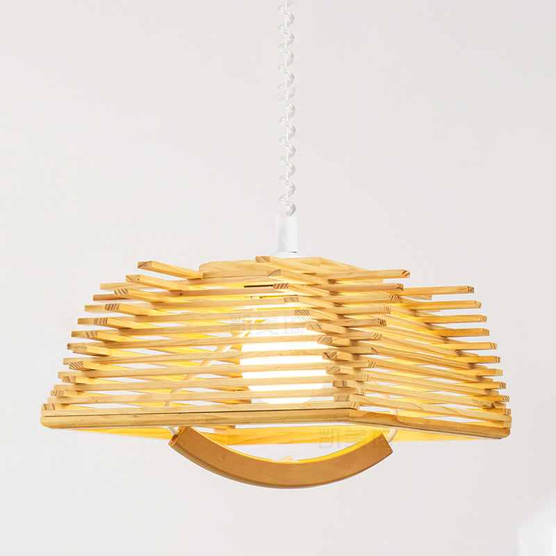 Japanese Wood Pendant Light - Laser Cut Design Beige 1 Head Ceiling Hanging With Spring