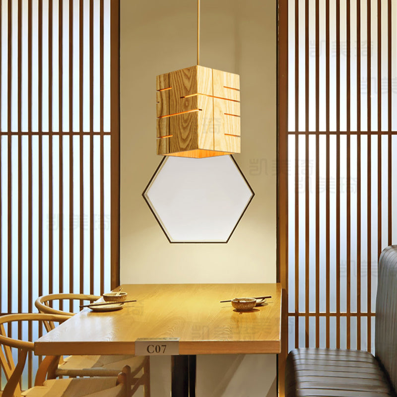 Modern Beige Pendant Lamp With Wood Shade - Ideal For Restaurants
