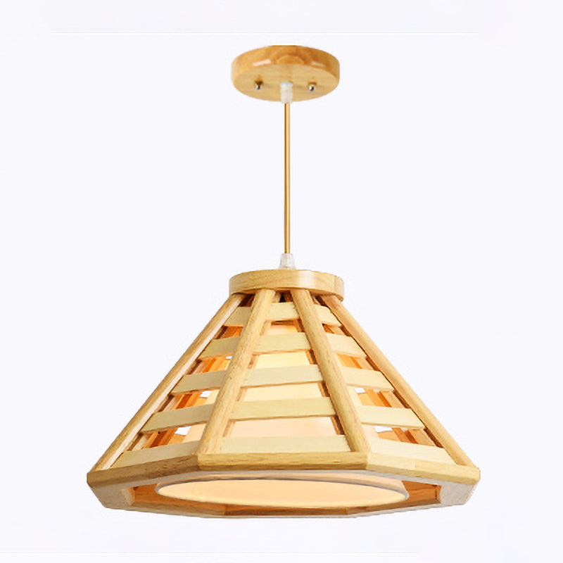 Asian Wood Tapered Hanging Lamp - 1 Bulb 14/19.5 Wide Beige Pendant Light With Inner White Fabric