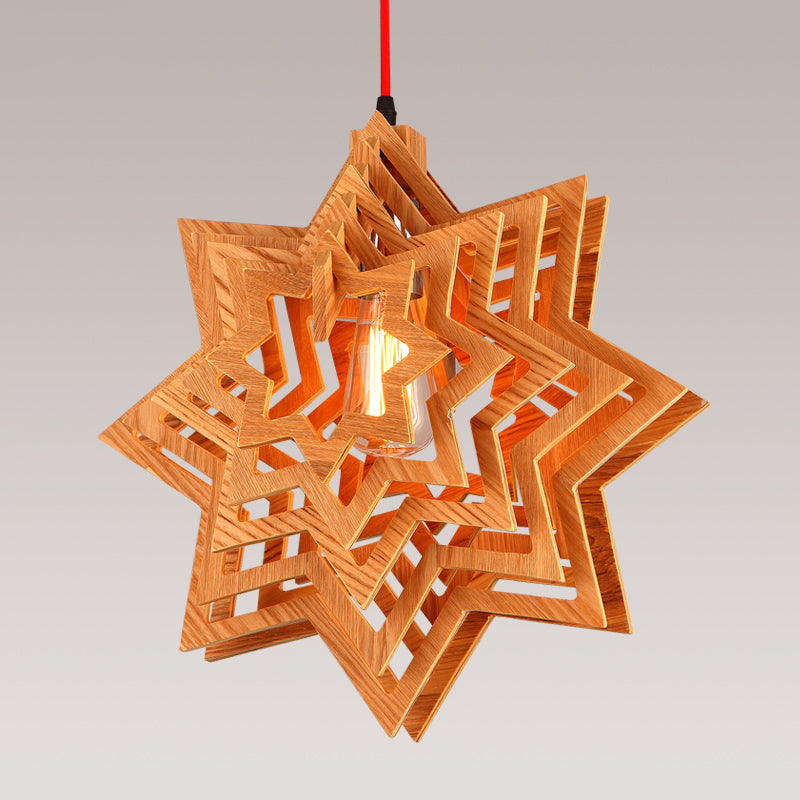 Japanese-Style Wood Star Ceiling Pendant Light Beige Hanging Lamp For Dining Room