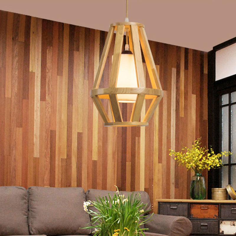 Stylish Asian Pendant Light With Wood Finish Single Bulb And White Cylinder Shade
