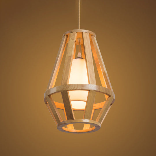 Stylish Asian Pendant Light With Wood Finish Single Bulb And White Cylinder Shade