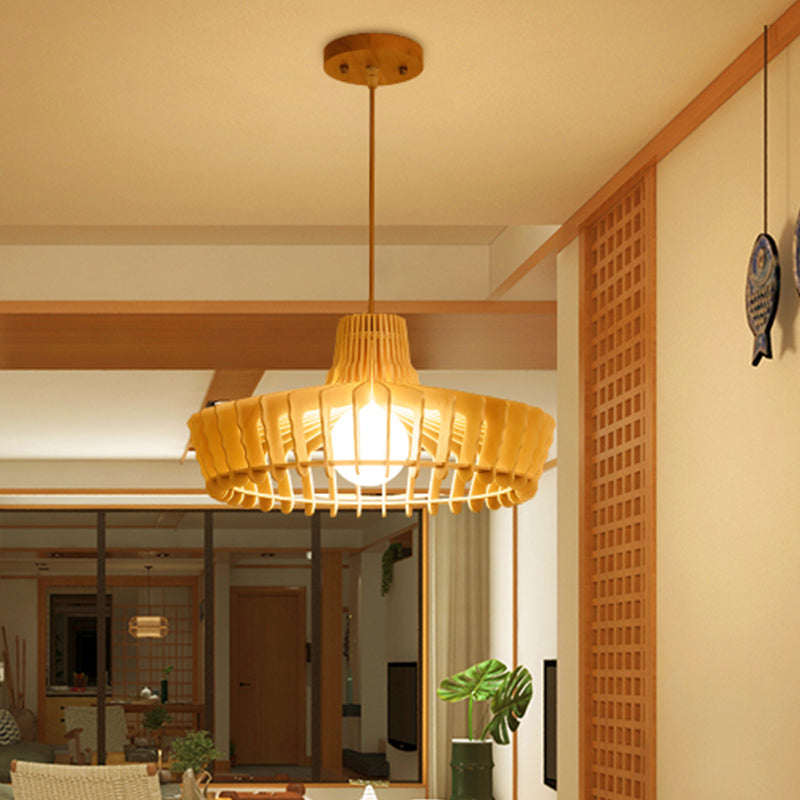 South-East Asia Wood Hat Hanging Lamp Ceiling Pendant Light With 1 Bulb Beige For Restaurants