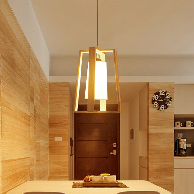 Asia Wood Trapezoid Pendant Light With Beige Fabric Shade - 10/11 Wide 1 Head Ceiling Lamp / 10
