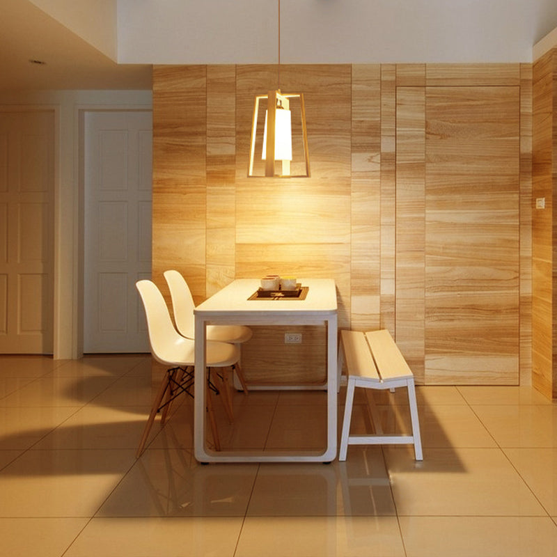 Asia Wood Trapezoid Pendant Light With Beige Fabric Shade - 10/11 Wide 1 Head Ceiling Lamp