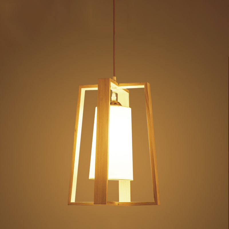 Asia Wood Trapezoid Pendant Light With Beige Fabric Shade - 10/11 Wide 1 Head Ceiling Lamp