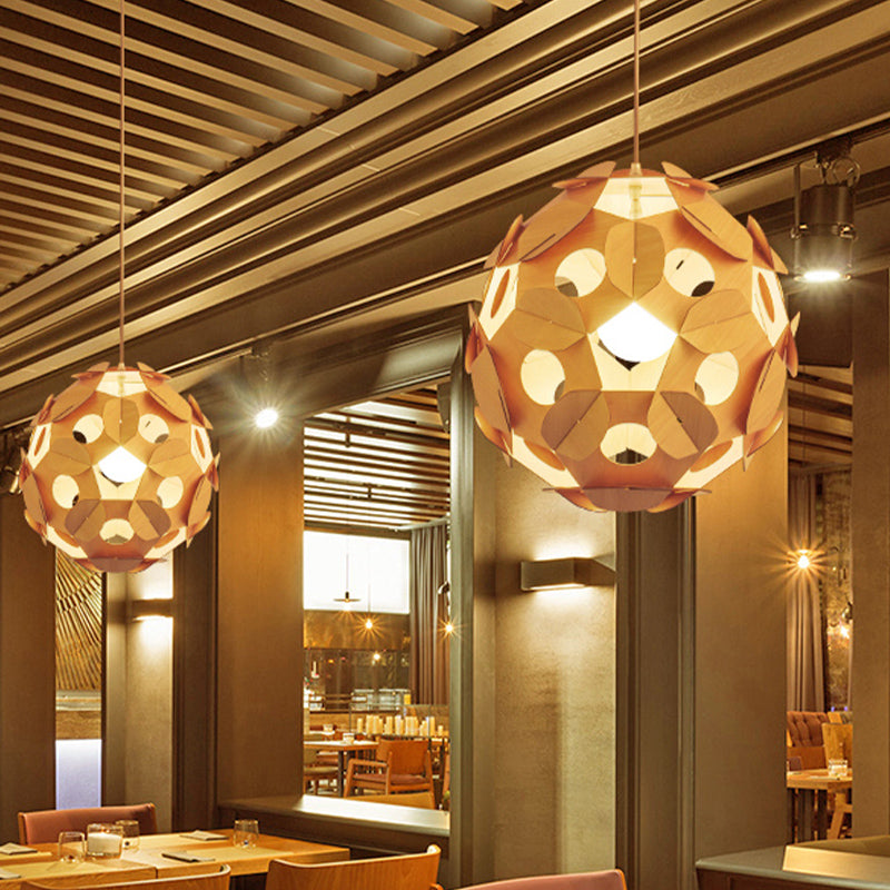 Modern Beige Restaurant Ceiling Lamp With Wooden Ball Shade - Hanging Light Fixture Wood