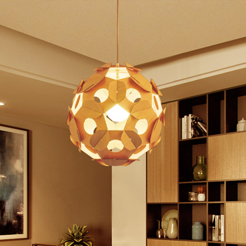 Modern Beige Restaurant Ceiling Lamp With Wooden Ball Shade - Hanging Light Fixture