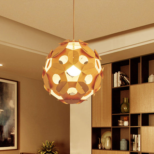 Modern Beige Restaurant Ceiling Lamp With Wooden Ball Shade - Hanging Light Fixture