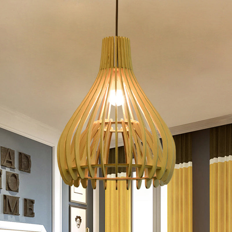 Chinese Pear Pendant Ceiling Light In Beige Wood Finish