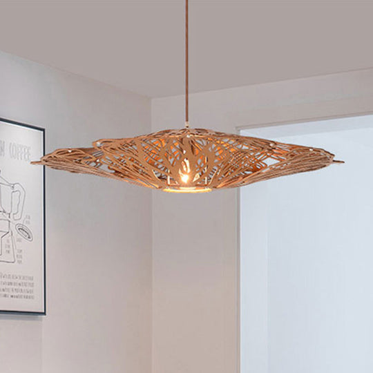 Asian Beige Laser Cut Wood Pendant Light Suspension For Dining Room