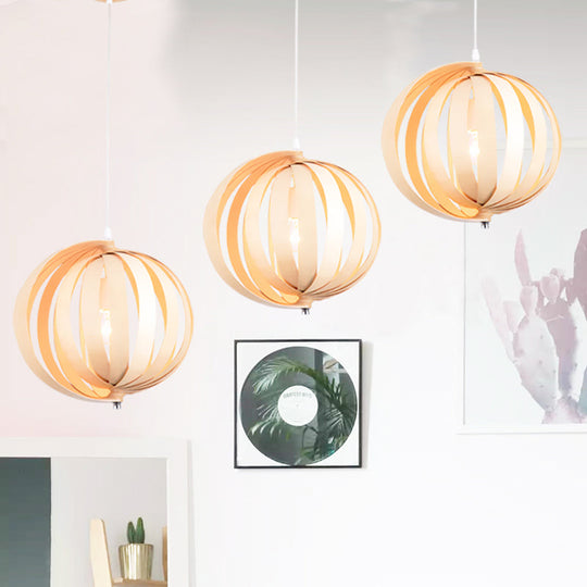 Japanese Wood Globe Pendant Light - 14/18 Wide One Bulb Beige Ceiling Fixture / 14