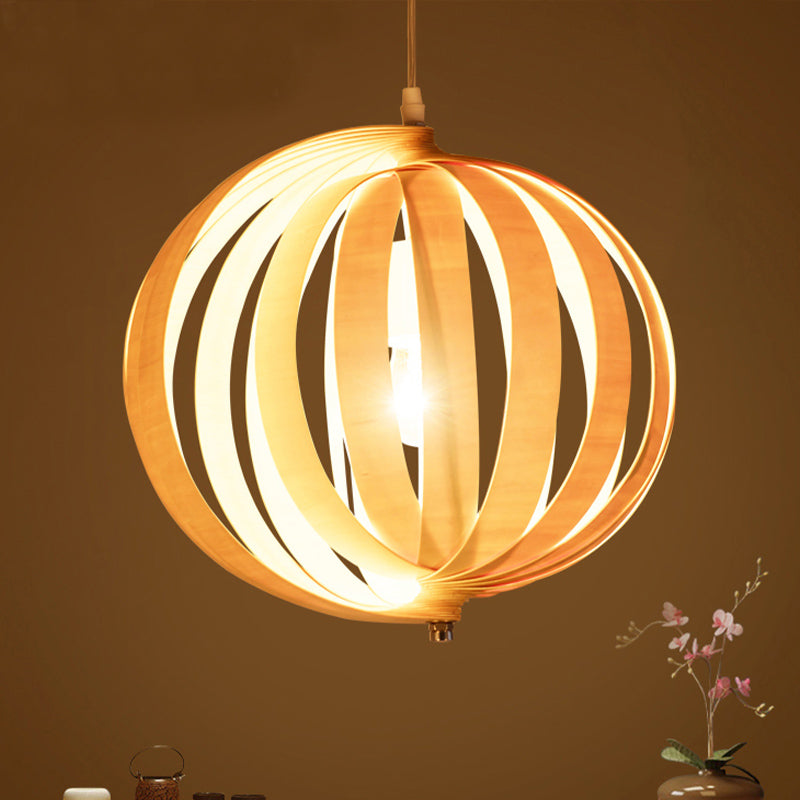 Japanese Wood Globe Pendant Light - 14/18 Wide One Bulb Beige Ceiling Fixture
