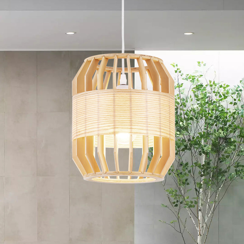 Chinese Wood Barrel Ceiling Lamp 1 Head Beige Hanging Light Fixture For Living Room 9/13 Wide / 9