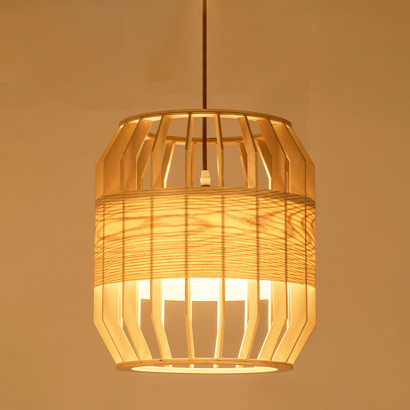 Chinese Wood Barrel Ceiling Lamp 1 Head Beige Hanging Light Fixture For Living Room 9/13 Wide