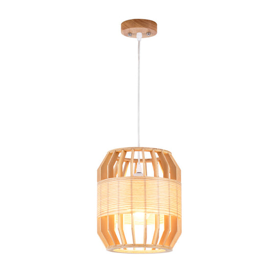 Chinese Wood Barrel Ceiling Lamp 1 Head Beige Hanging Light Fixture For Living Room 9/13 Wide