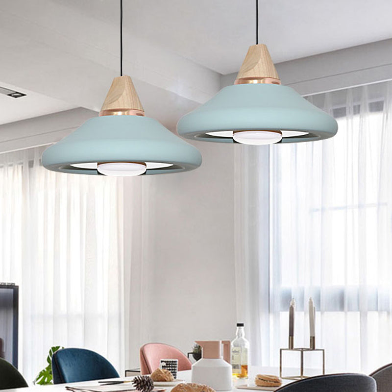 Blue/Green Macaron Wide Flare Down Pendant Light Fixture with Wood Cap