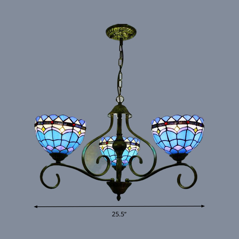 Blue Stained Glass Dome Chandelier with 3/6/8 Lights, Mediterranean Style, ideal for Bedrooms - Black Finish, 25.5"/34"/37.5" W