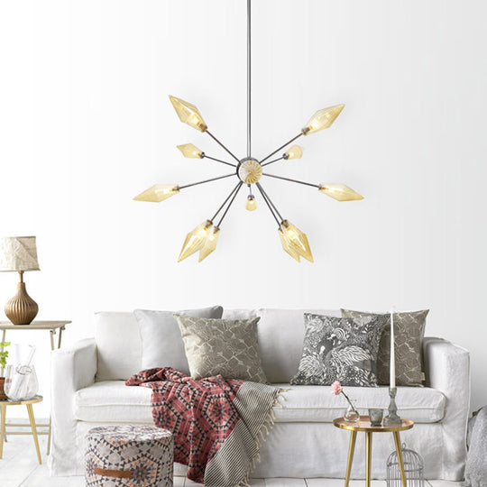 Industrial Amber/Clear Pendant Chandelier Lamp With Diamond Glass Shade - 9/12/15-Light For Living