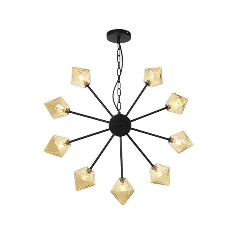 Industrial Amber/Clear Glass Diamond Shade Chandelier Lamp with Multiple Heads in Black/Brass/Copper for Living Room