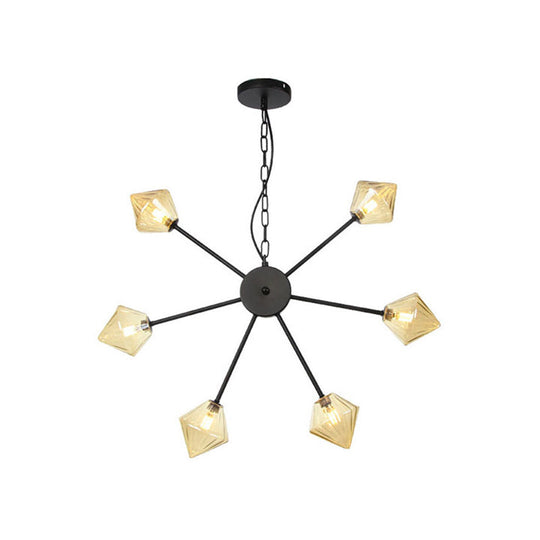 Industrial Amber/Clear Glass Diamond Shade Chandelier Lamp with Multiple Heads in Black/Brass/Copper for Living Room