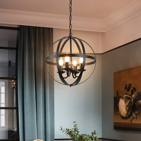 Vintage Black Globe Metal Chandelier - 4 Bulb Pendant Lighting for Dining Room Ceiling