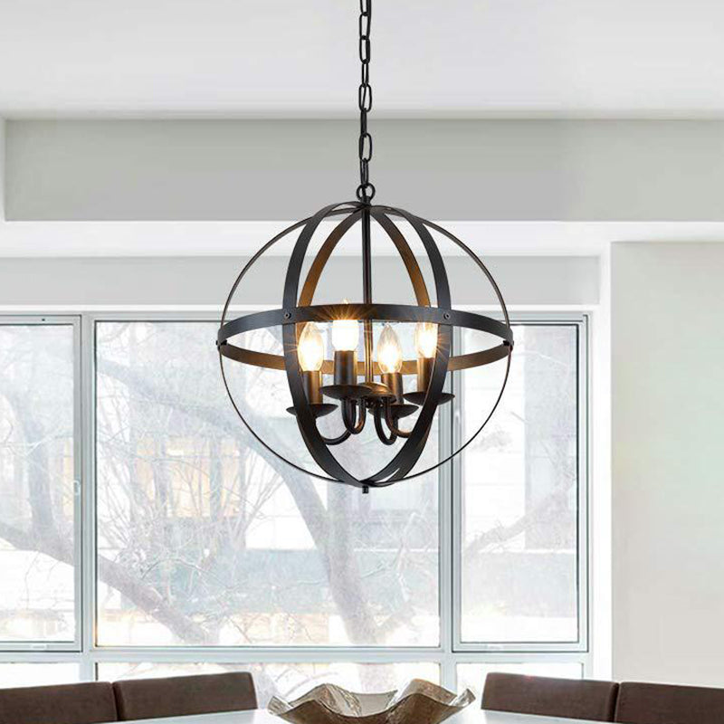 Vintage Black Globe Metal Chandelier - 4 Bulb Pendant Lighting for Dining Room Ceiling
