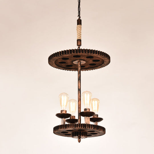 Copper Weathered Pendant Lamp - Farmhouse Chandelier With Exposed Bulbs & Gear Deco 4 Lights