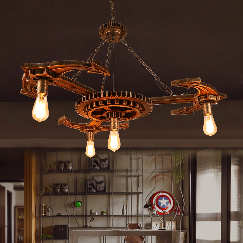 Vintage Antique Bronze Metal Pendant Chandelier with 4 Open Bulbs - Dining Room Ceiling Lighting