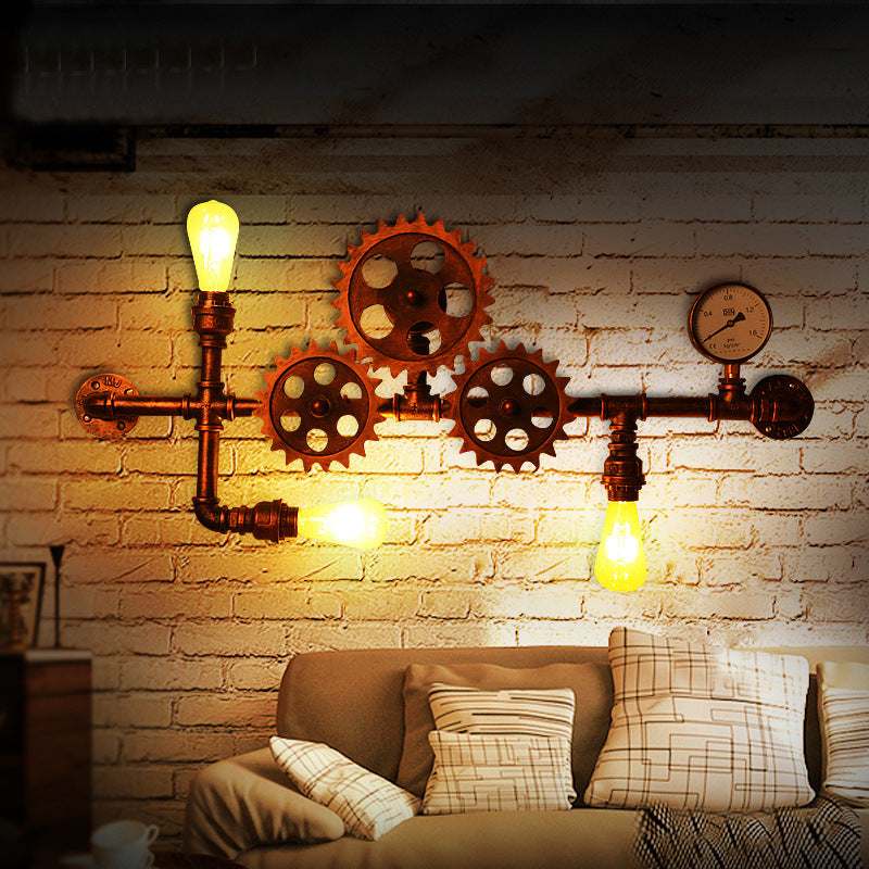 Industrial Open Bulb Wall Mounted Pipe Light 3-Light Sconce Weathered Copper Gear Design