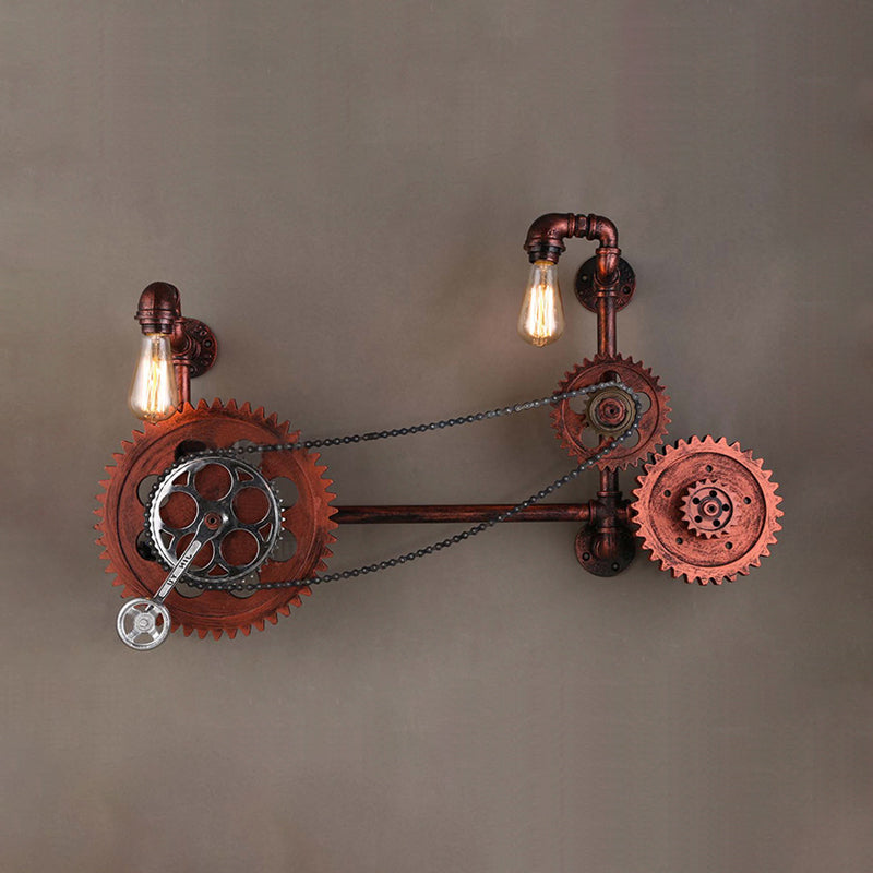 Vintage Weathered Copper Wall Lamp - 2-Light Gear Sconce Fixture