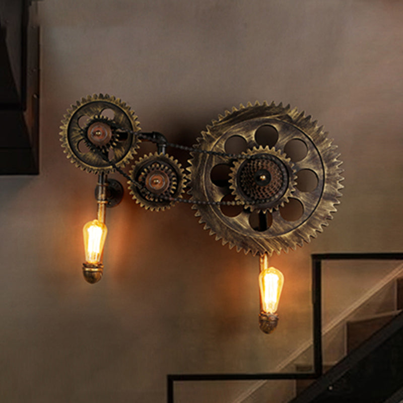 Antique Bronze 2-Light Industrial Gear Sconce Metal Wall Lamp