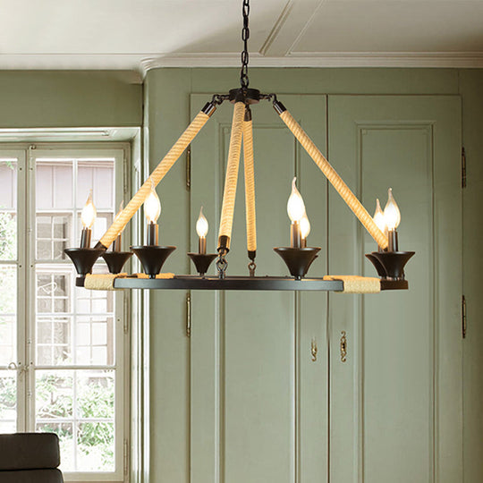 Farmhouse Candle Chandelier - 8 Light Metal Ceiling Fixture For Living Room In Black