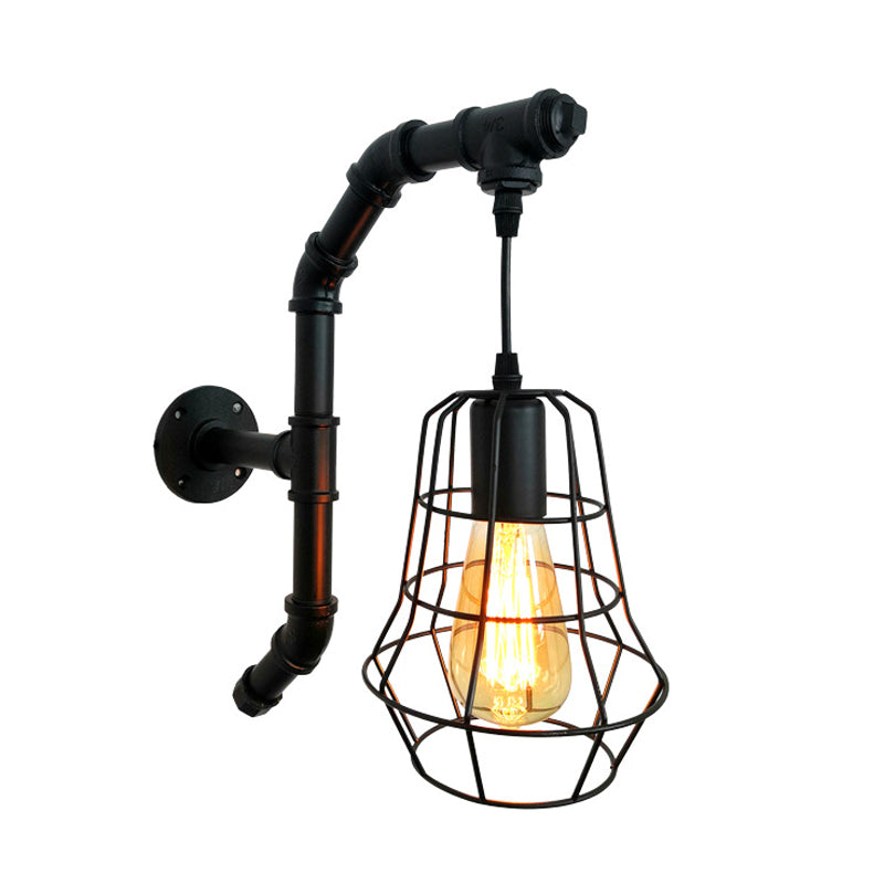 Industrial Black Metal Cage Sconce Light - 1-Light Wall Fixture For Bedroom