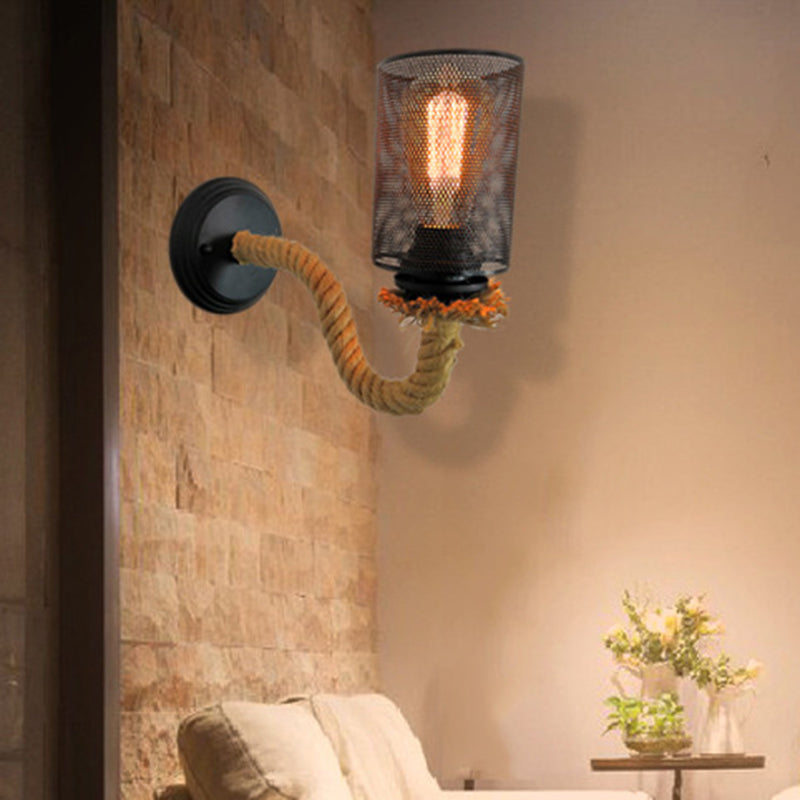 Vintage Black Metal Wall Sconce With Rope Arm - 1-Light Dining Room Lighting Fixture