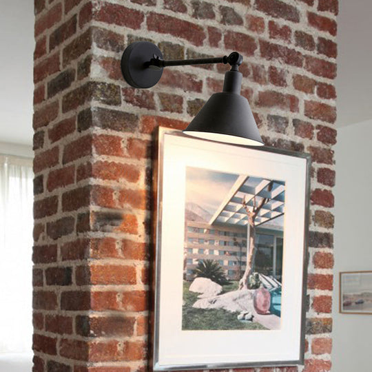 Industrial-Style Cone Metal Wall Hanging Light - 1-Light Bedroom Sconce Lamp In White/Black