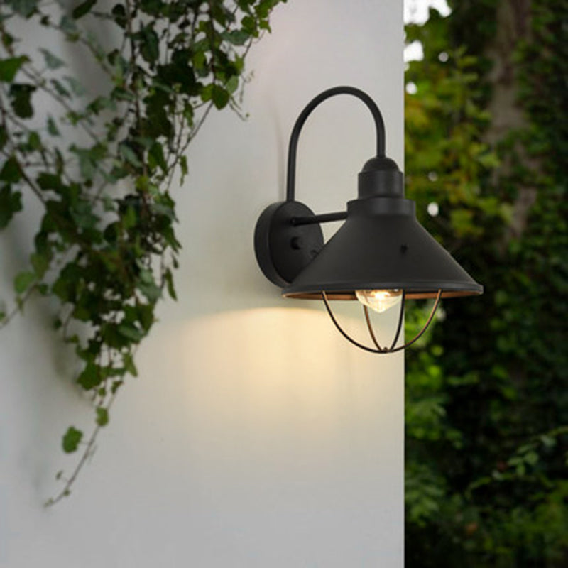 Industrial Flare Sconce Light: Black Metal Outdoor Fixture With Cage