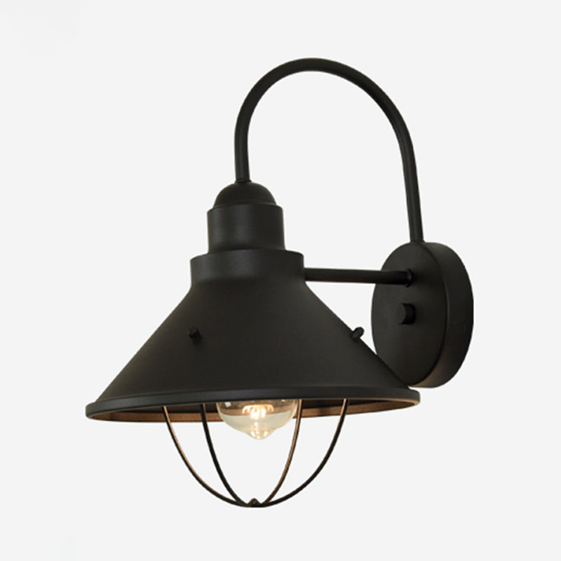 Industrial Flare Sconce Light: Black Metal Outdoor Fixture With Cage