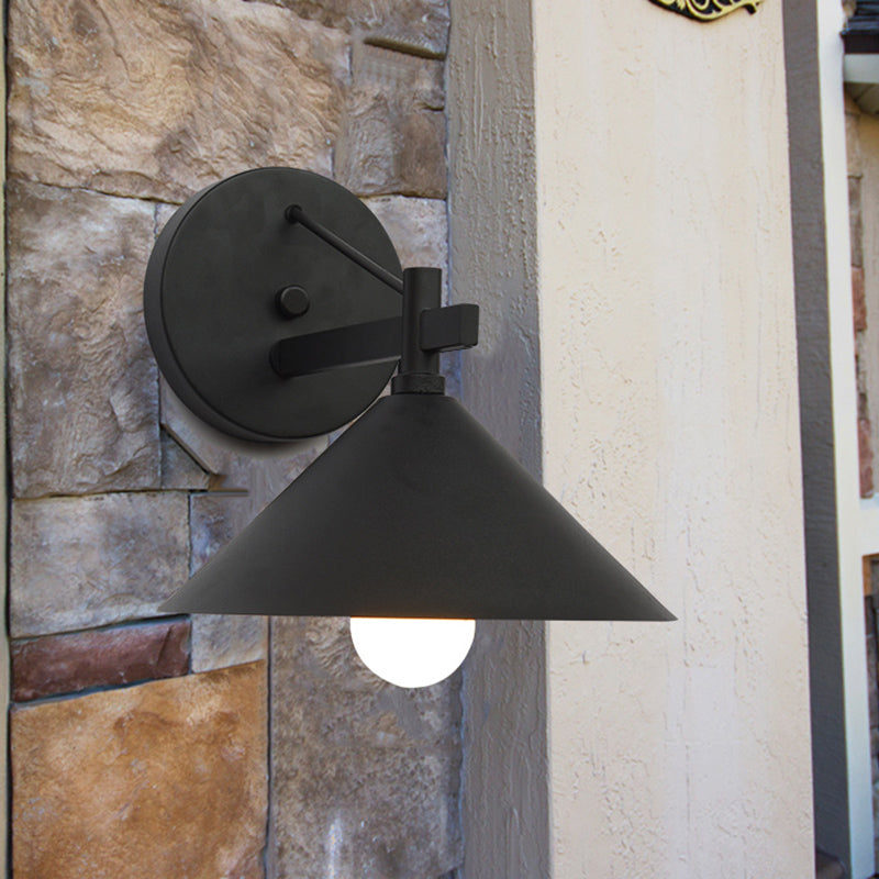 Outdoor Metal Cone Wall Hanging Light: Vintage 1-Light Sconce Fixture In Black/Antique Brass/Silver