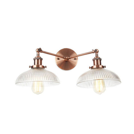 Industrial Domed Ribbed Glass Wall Light With Bronze/Brass/Copper Finish - 2-Light Sconce Lamp For