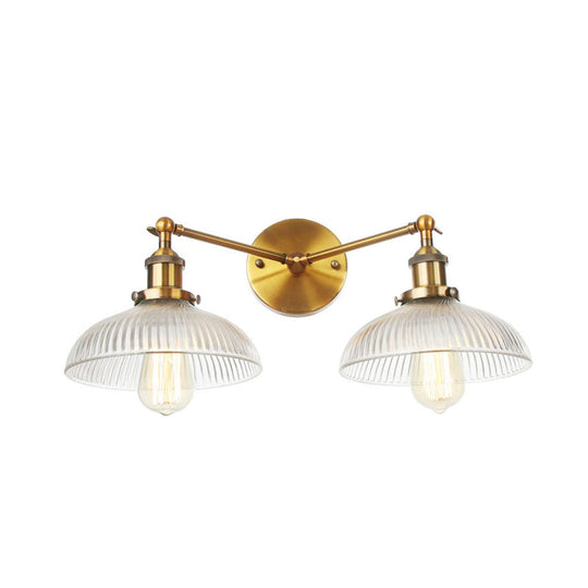 Industrial Domed Ribbed Glass Wall Light With Bronze/Brass/Copper Finish - 2-Light Sconce Lamp For