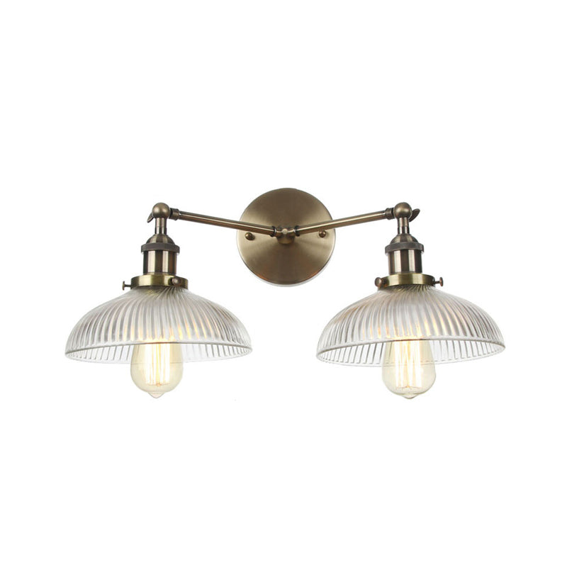 Industrial Domed Ribbed Glass Wall Light With Bronze/Brass/Copper Finish - 2-Light Sconce Lamp For